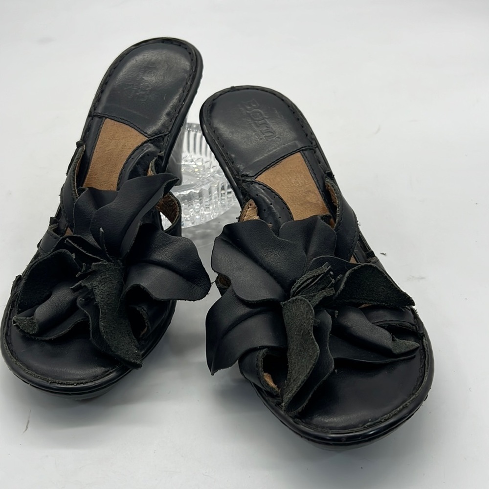 Born Black Leather Heeled Sandals with Black Leather Flower size 6
